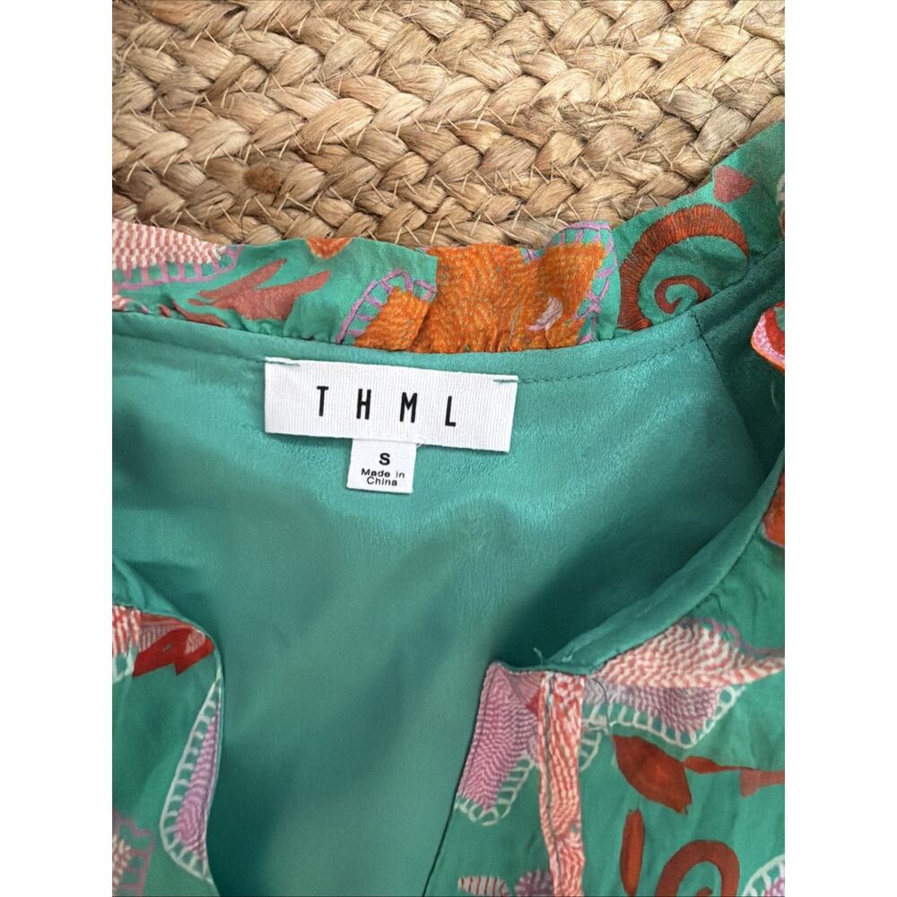 THML Green Floral Boho Maxi Dress W/Blooms Smock Waist Tassel Tie Size S - Picture 4 of 8